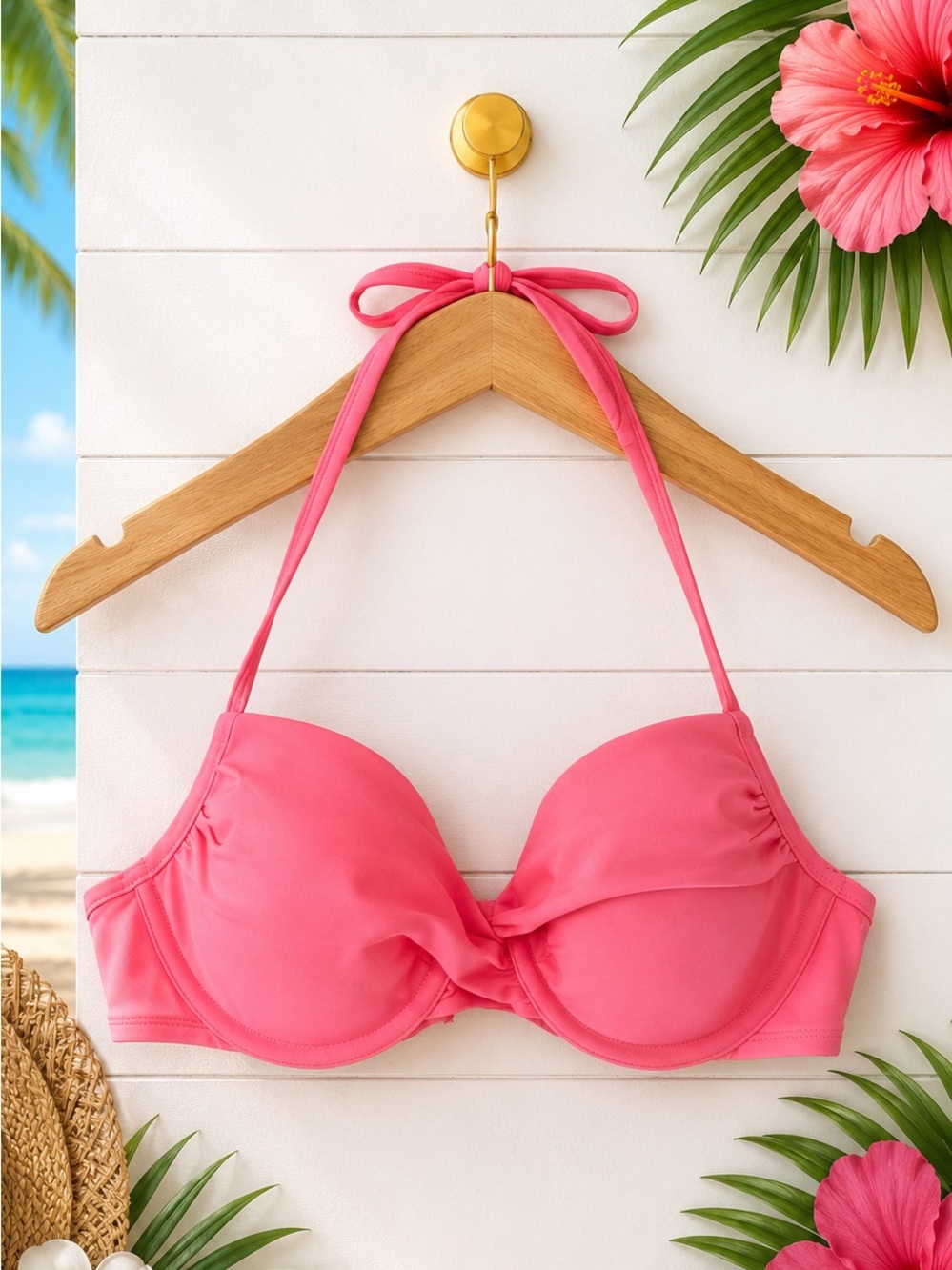 💖 Aerie Coral Pink Underwire Bikini Swim Top 36C | Halter | EUC